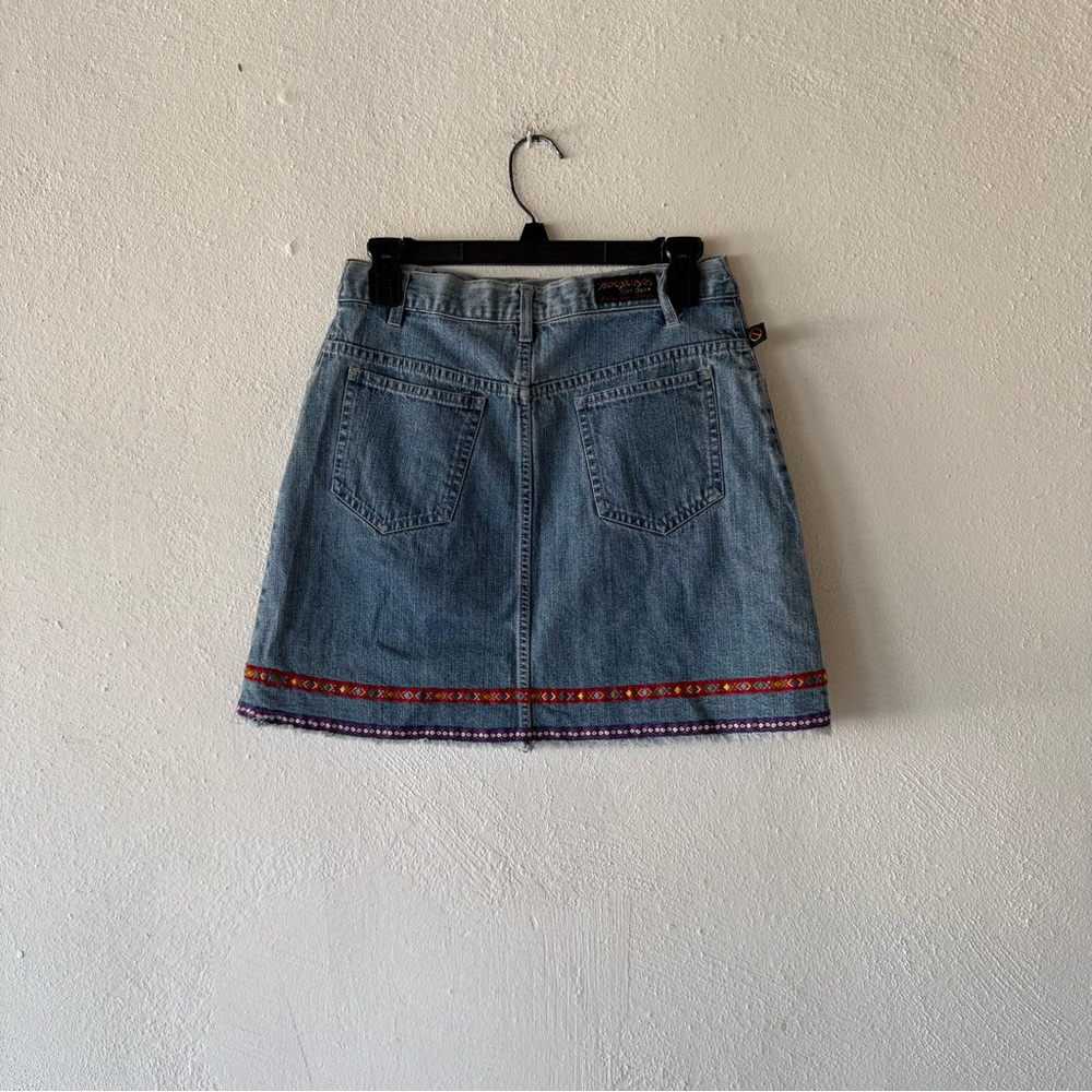 Denim Mini‎ Skirt Tribal Trim Frayed Hem Cotton Blue Size 9/10 - Picture 15 of 15